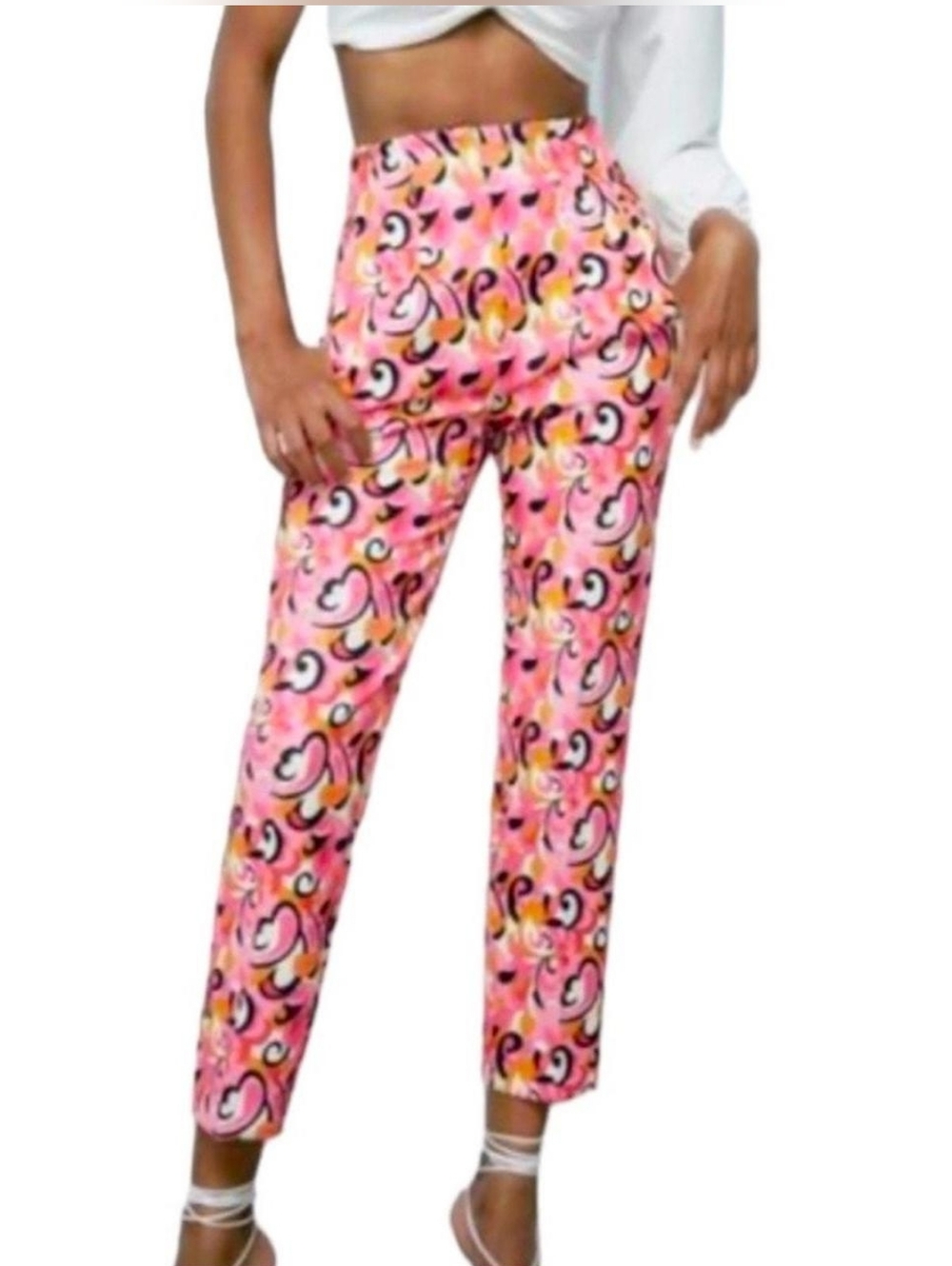Zara Pink Paisley Floral Pants High Waisted Ankle Crop Pleated Pants